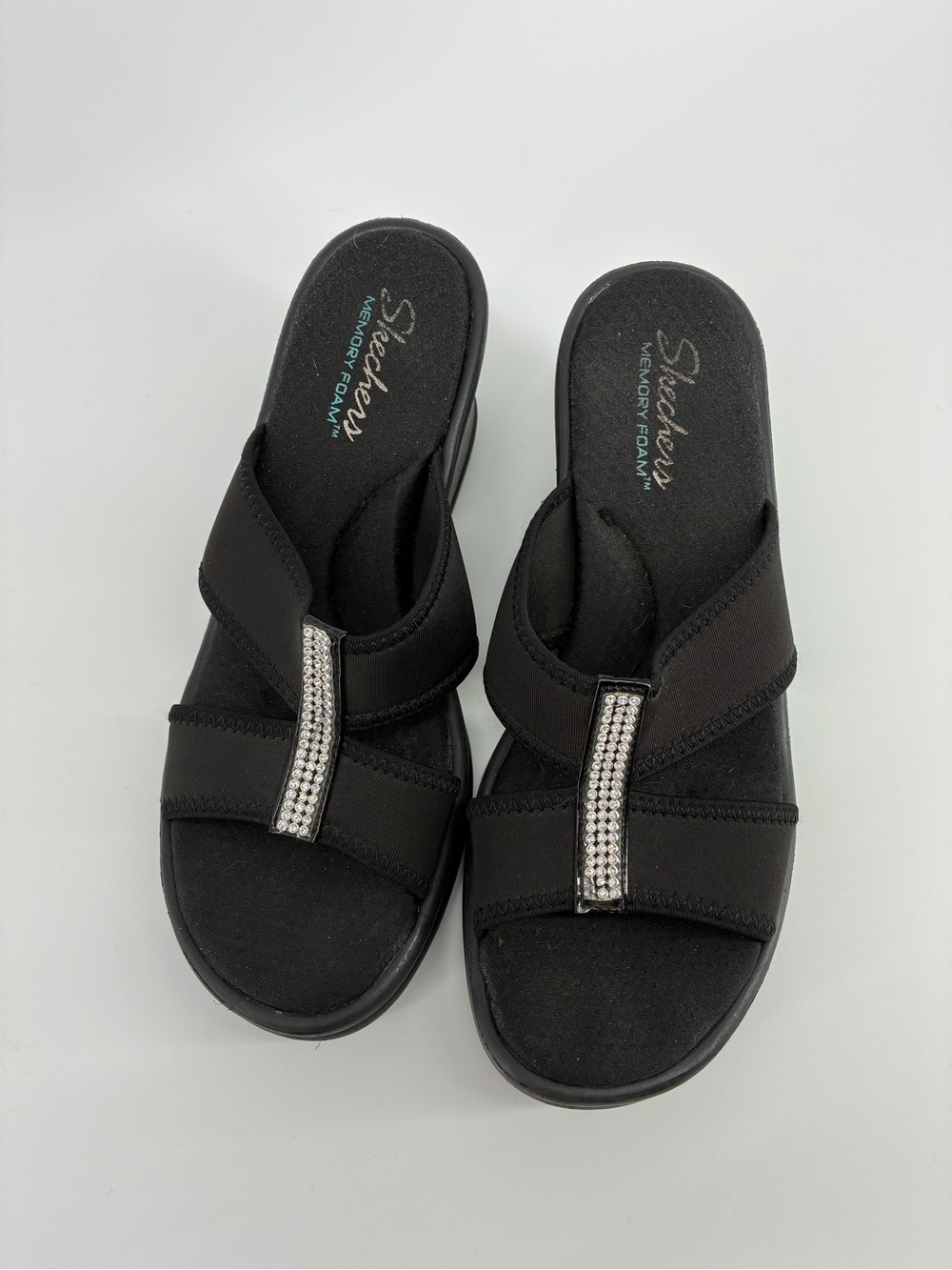 Skechers Black Memory Foam Wedge Sandals with Rhinestone Accent